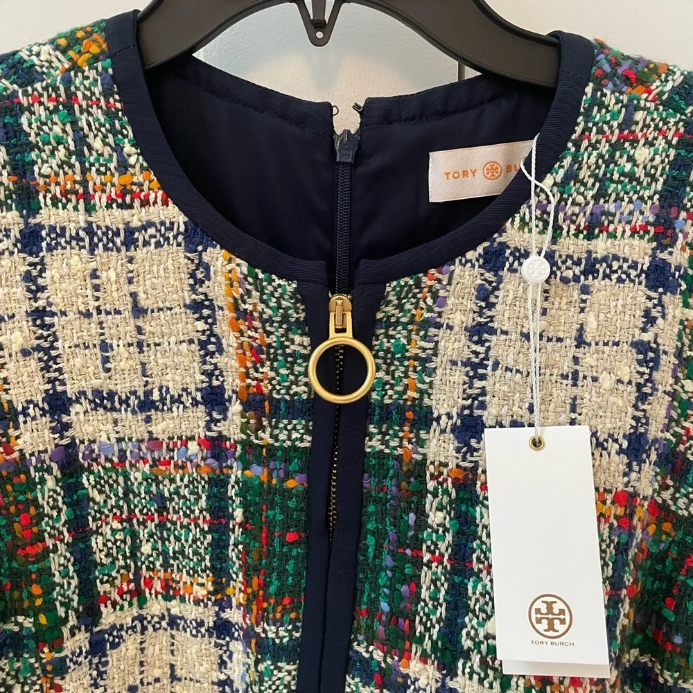 Tory Burch Green, Navy and Cream Tweed Mini Dress